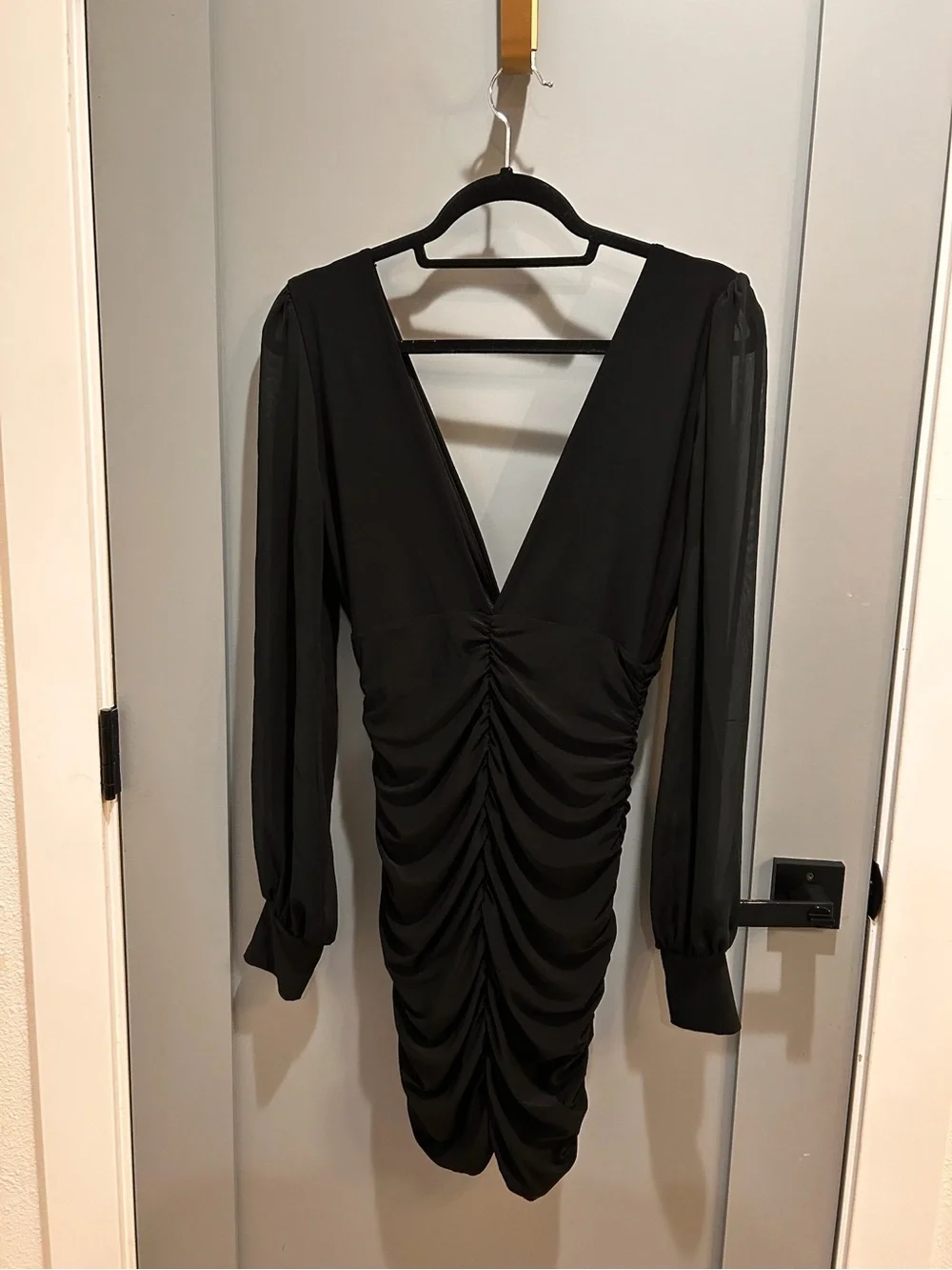 Windsor Black V-Neck Ruched Long Sleeve Mini Dress